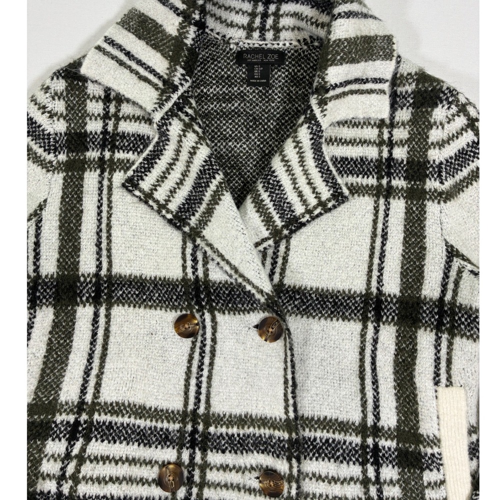Rachel Zoe Womens S Ivory Plaid Double Breasted Fuzzy Knit Sweater Jacket - Picture 4 of 8